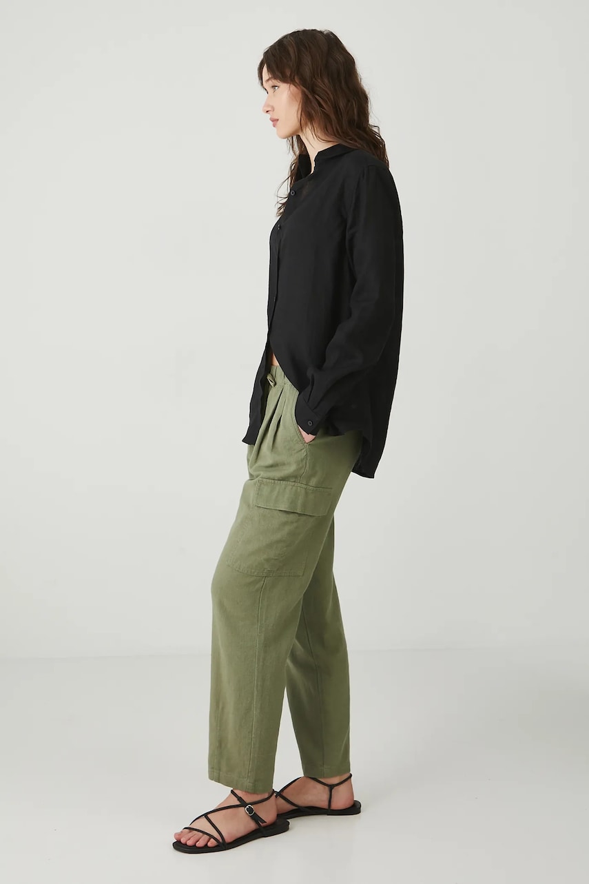 Medicine pantaloni din in femei, culoarea verde, fason chinos, high waist Medicine pantaloni din in femei, culoarea verde, fason chinos, high waist