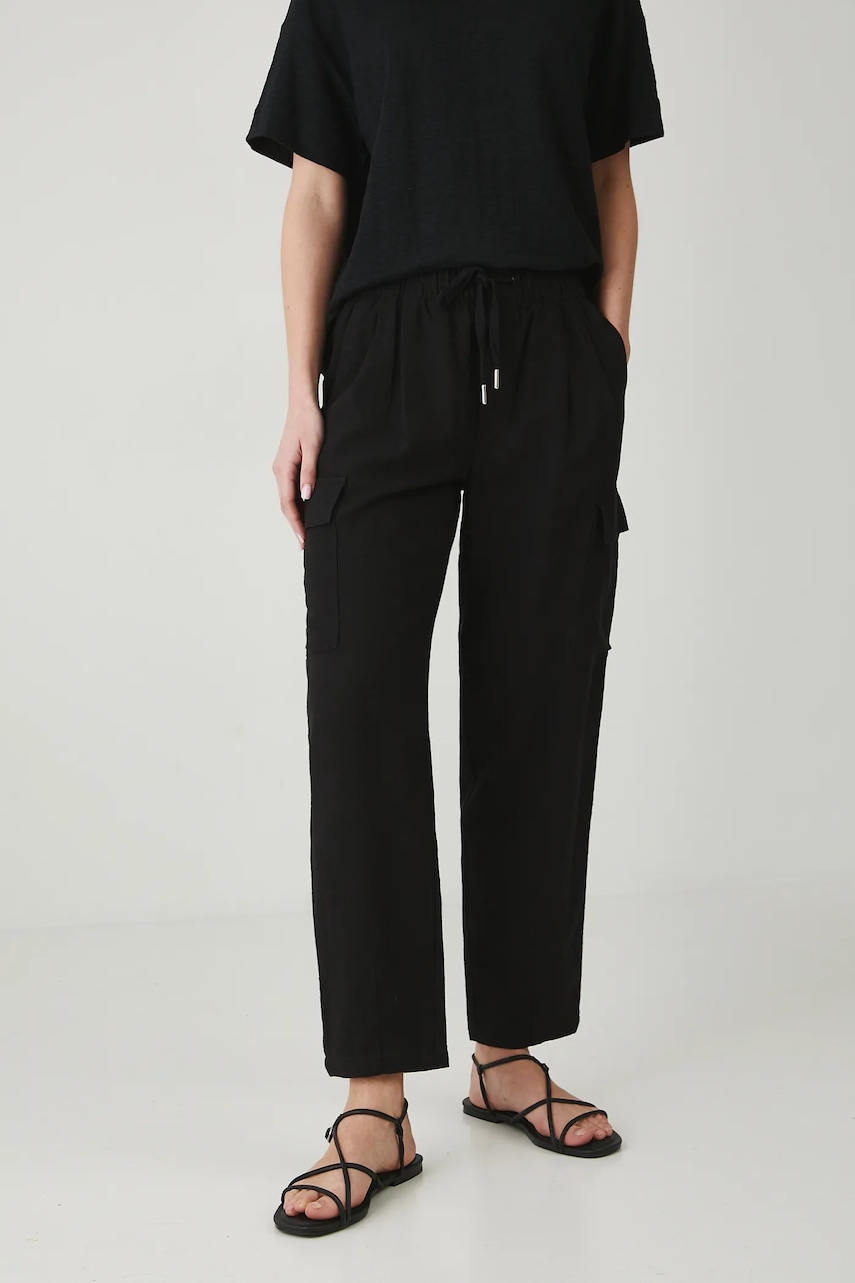 Medicine pantaloni din in femei, culoarea negru, fason chinos, high waist