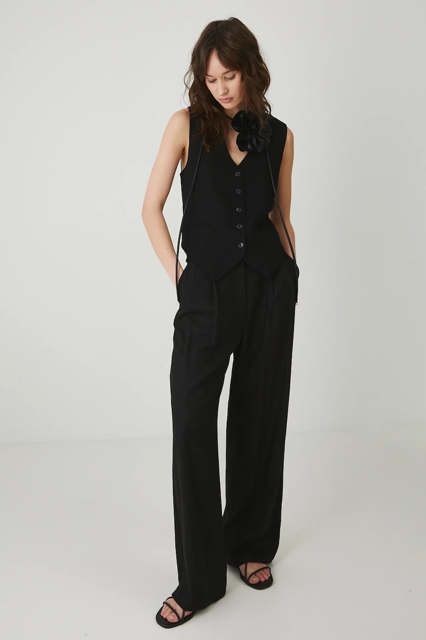 Medicine pantaloni din amestec de in femei, culoarea negru, lat, medium waist Medicine pantaloni din amestec de in femei, culoarea negru, lat, medium waist