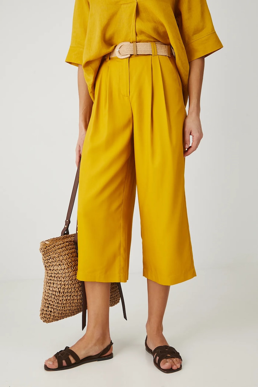 Medicine pantaloni femei, culoarea galben, lat, high waist