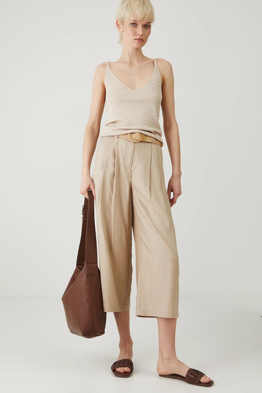 Medicine pantaloni femei, culoarea bej, lat, high waist