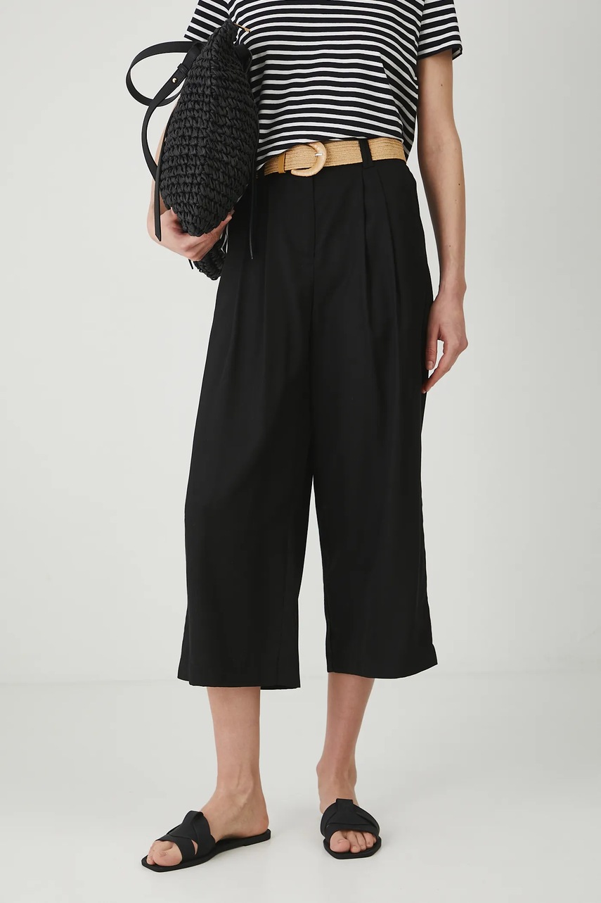 Medicine pantaloni femei, culoarea negru, lat, high waist