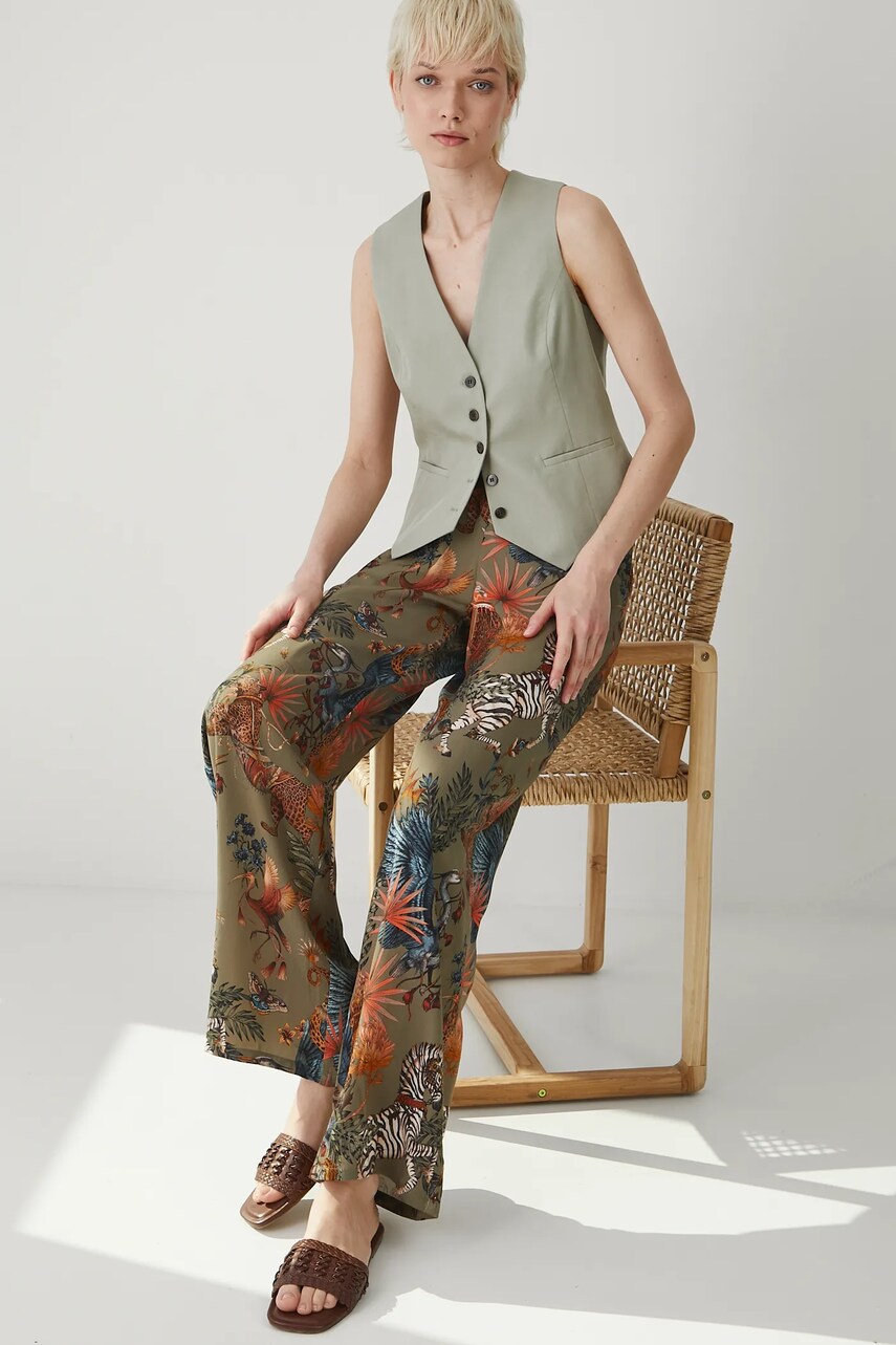 Medicine pantaloni femei, culoarea verde, lat, high waist