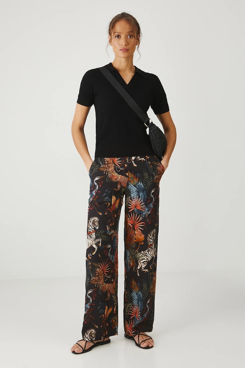 Medicine pantaloni femei, culoarea negru, lat, high waist