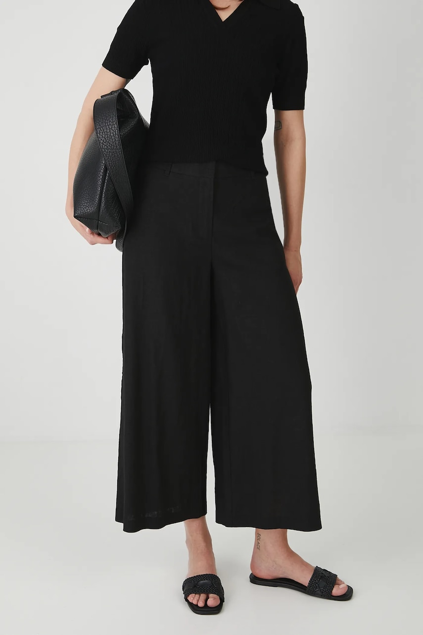 Medicine pantaloni din in culoarea negru, fason culottes, medium waist