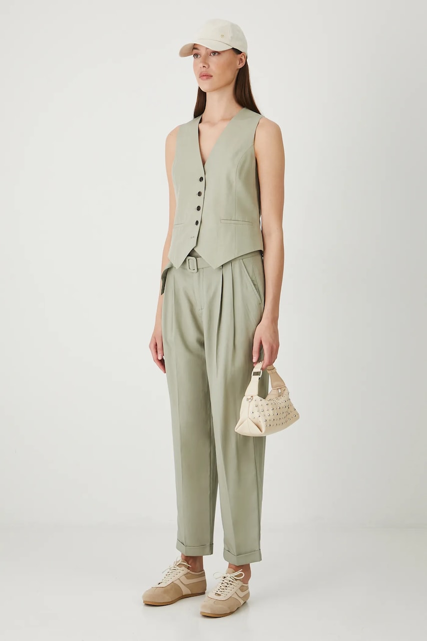 Medicine pantaloni din amestec de in culoarea verde, drept, high waist