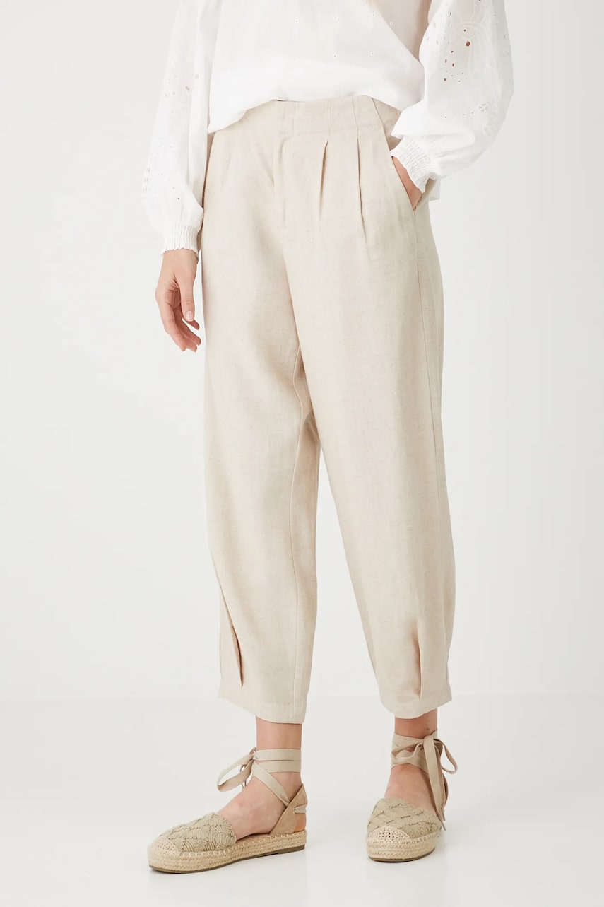 Medicine pantaloni din in culoarea bej, fason chinos, high waist