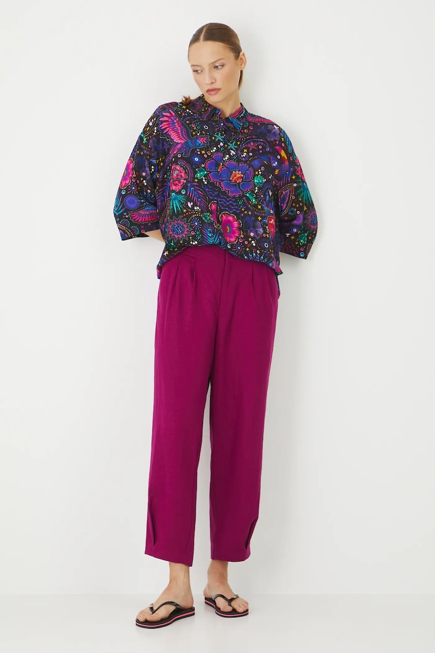 Medicine pantaloni din in culoarea roz, fason chinos, high waist Medicine pantaloni din in culoarea roz, fason chinos, high waist