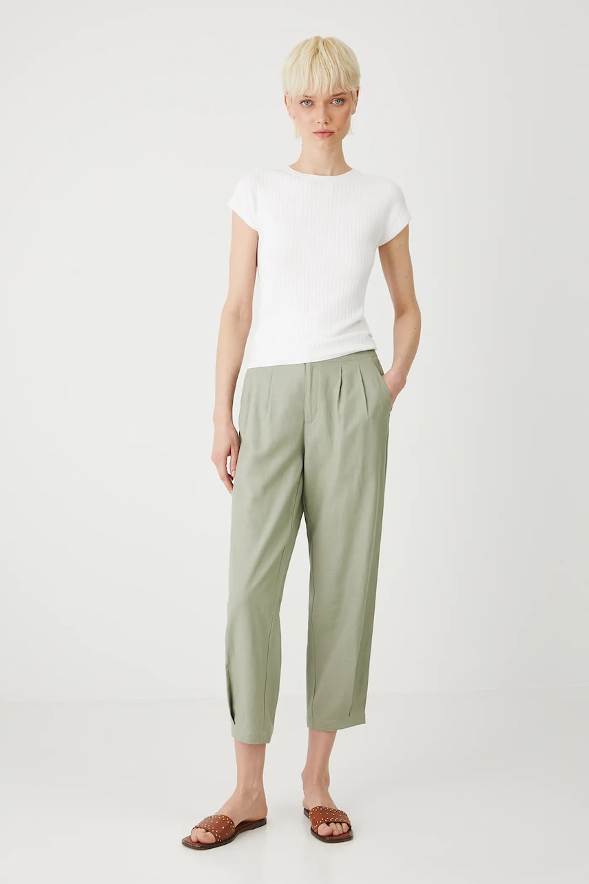 Medicine pantaloni din in culoarea verde, fason chinos, high waist Medicine pantaloni din in culoarea verde, fason chinos, high waist