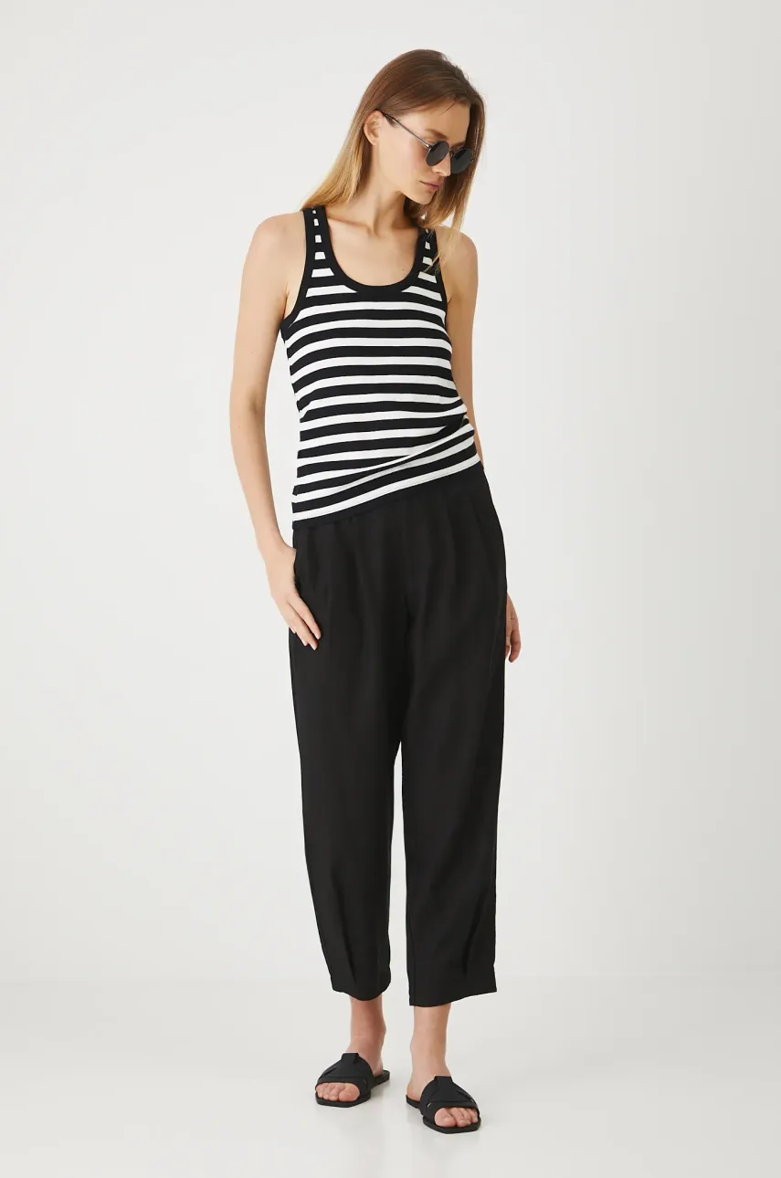 Levně Lněné kalhoty Medicine dámské, černá barva, střih chinos, high waist
