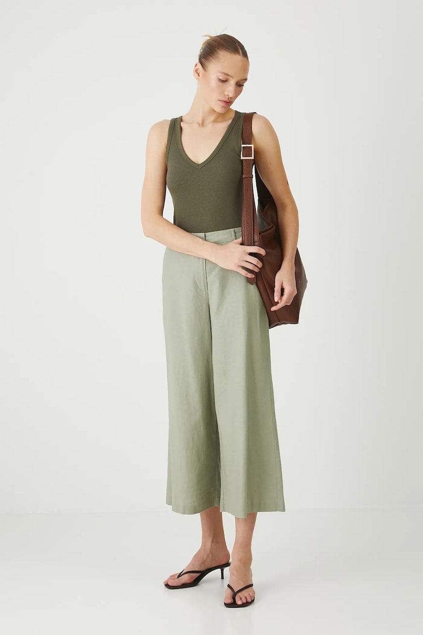 Levně Lněné kalhoty Medicine dámské, zelená barva, střih culottes, high waist