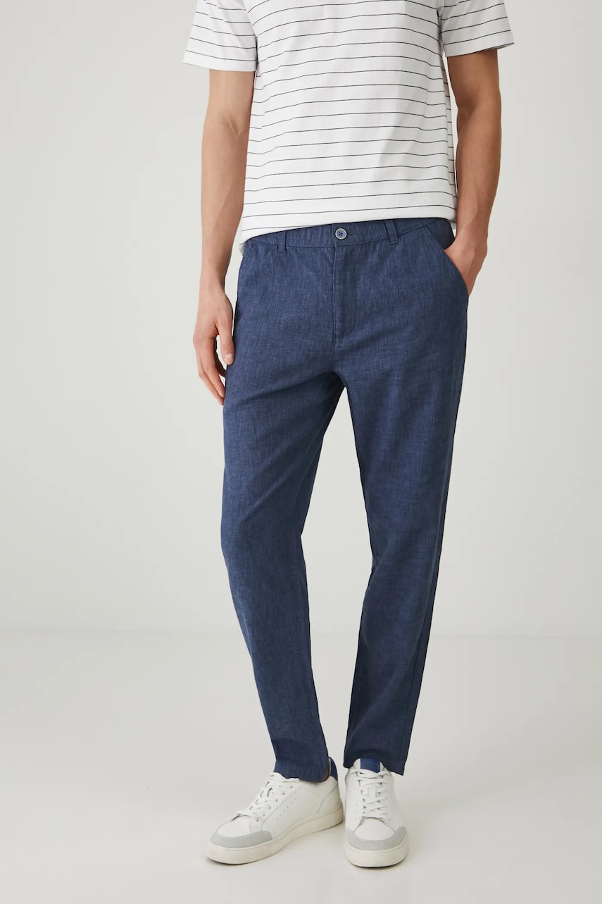 Medicine pantaloni din in barbati, culoarea albastru marin, drept