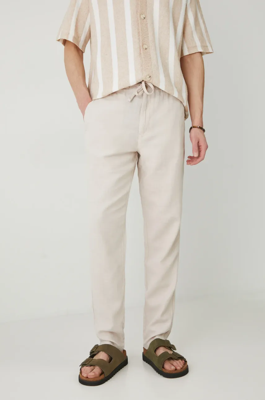 Medicine pantaloni din amestec de in barbati, culoarea bej, drept