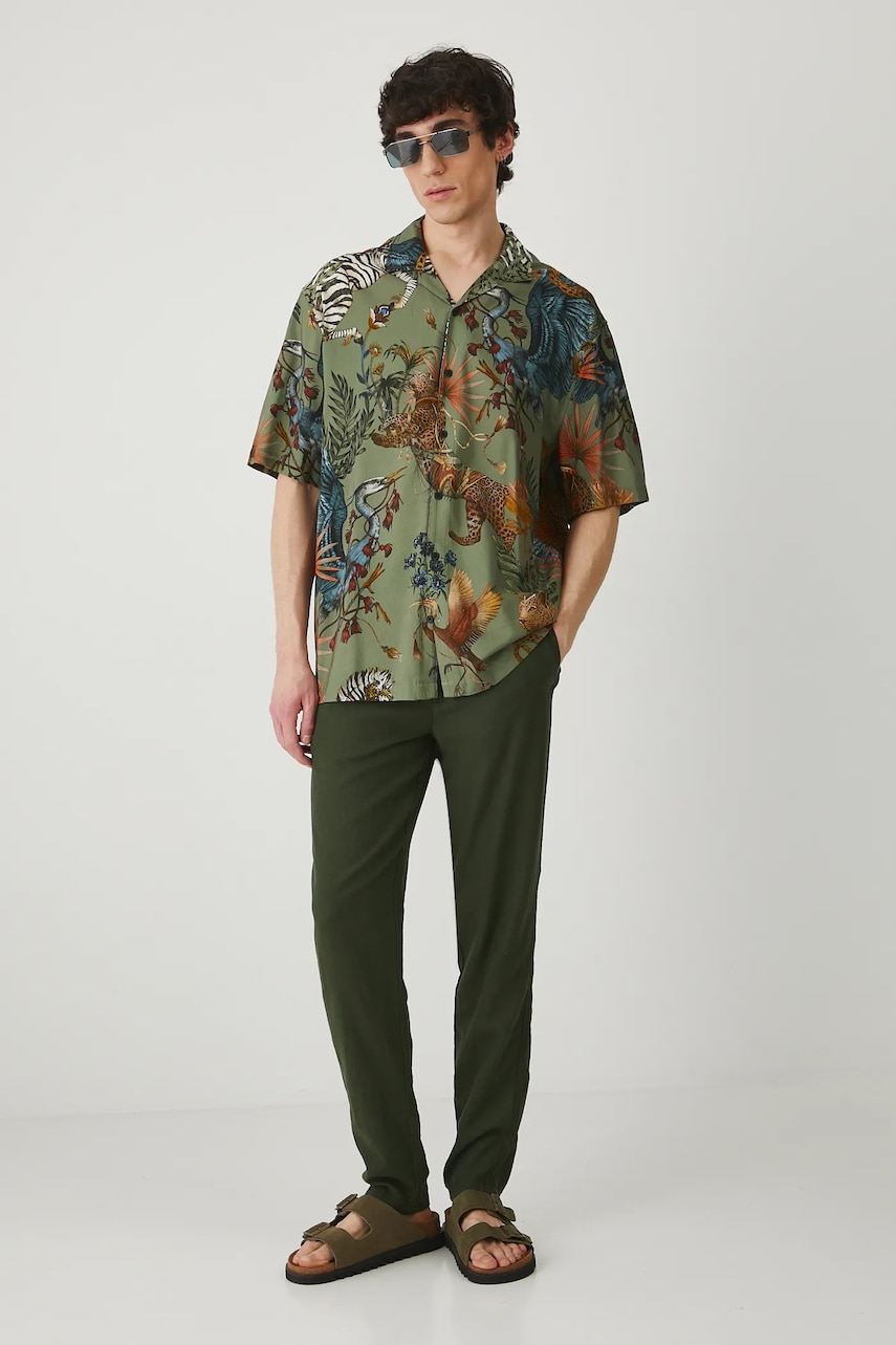 Medicine pantaloni din amestec de in barbati, culoarea verde, drept