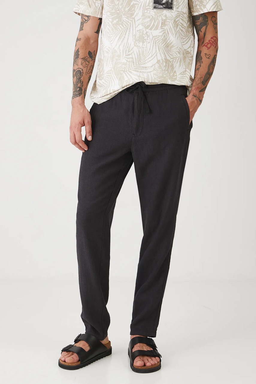 Medicine pantaloni din amestec de in barbati, culoarea negru, drept