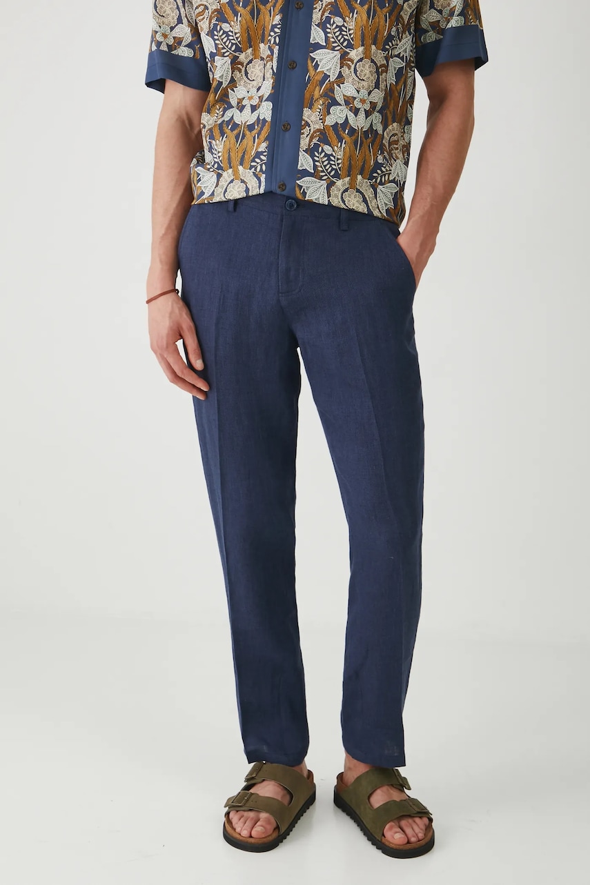 Medicine pantaloni din in barbati, culoarea albastru marin, drept