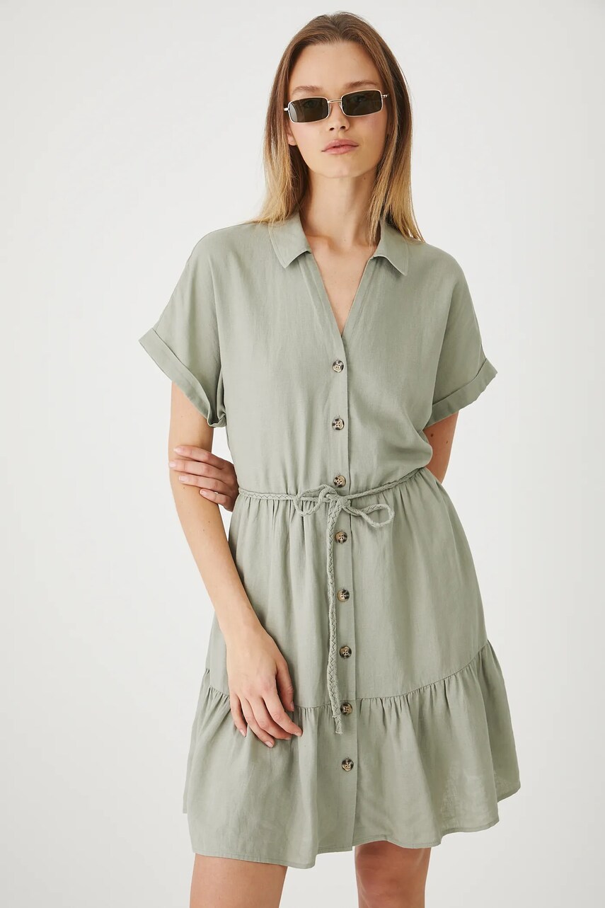 Medicine rochie din in culoarea verde, mini, evazată