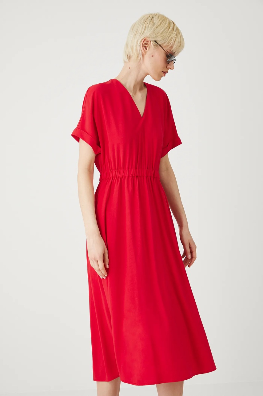 Medicine rochie din amestec de in culoarea rosu, midi, mulata