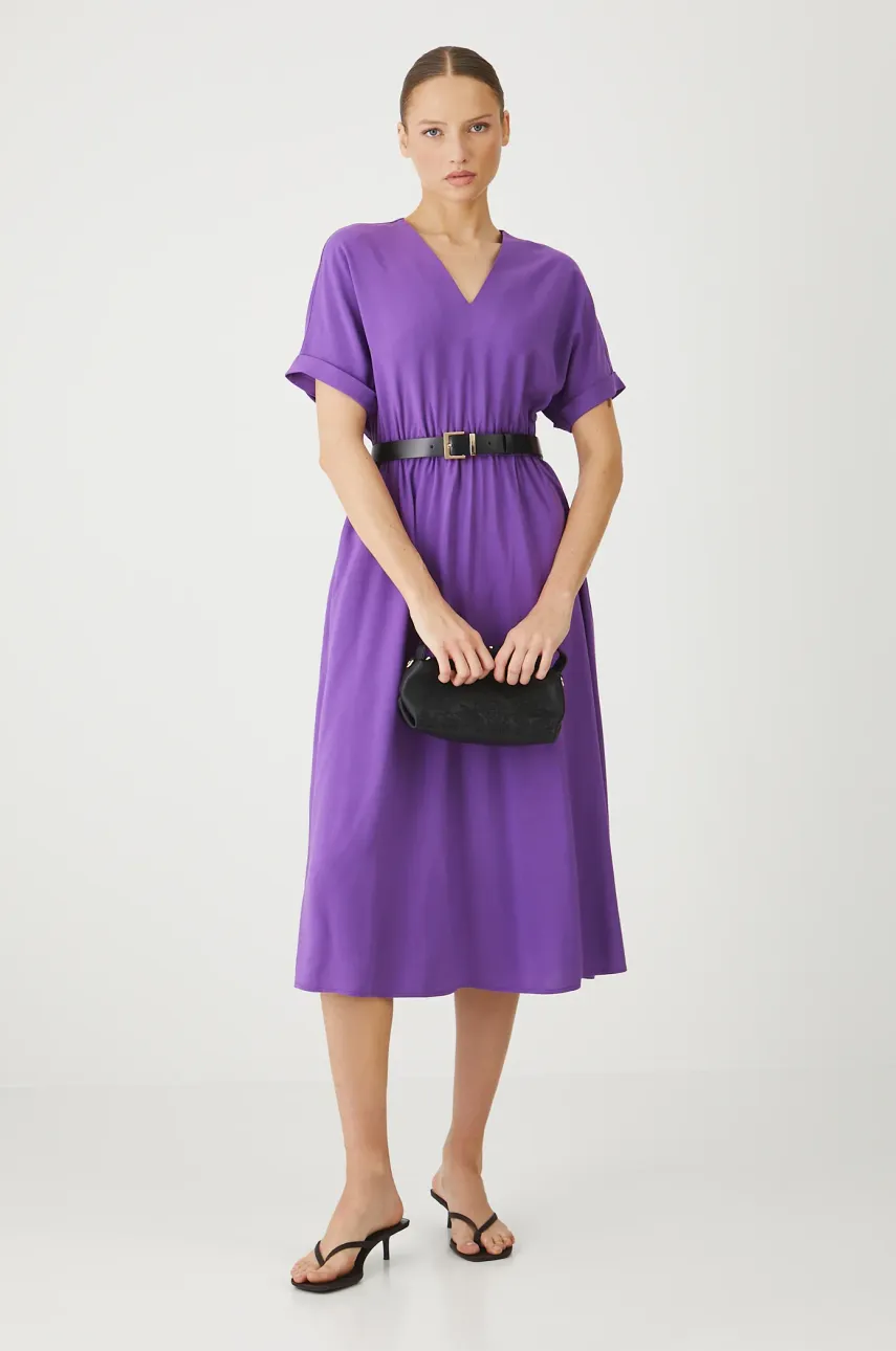 Medicine rochie din amestec de in culoarea violet, midi, mulata