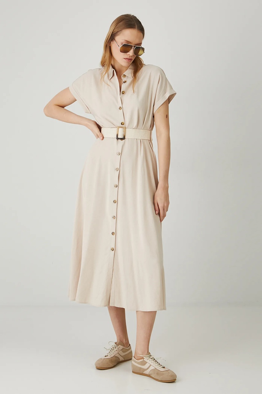 Medicine rochie din amestec de in culoarea bej, midi, evazată