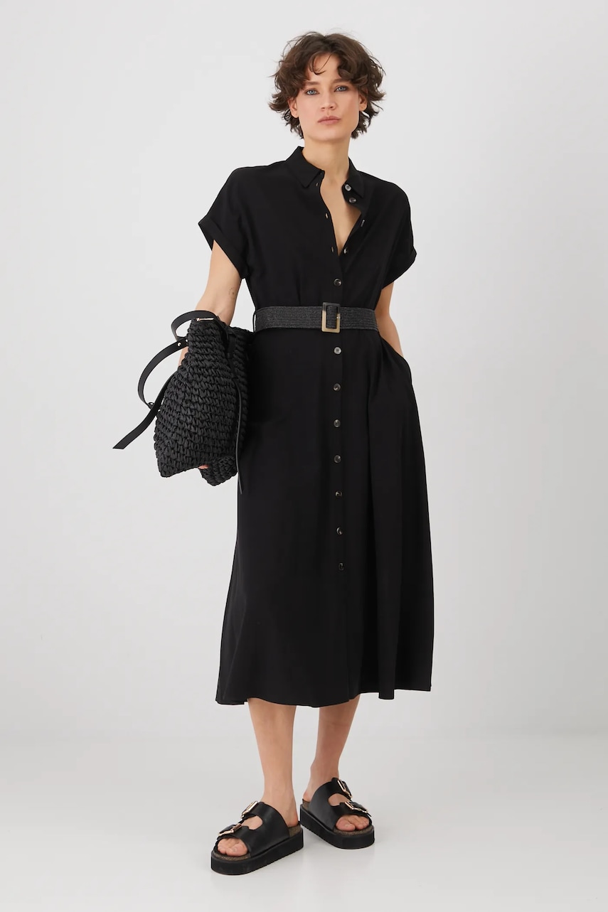 Medicine rochie din amestec de in culoarea negru, midi, evazati Medicine rochie din amestec de in culoarea negru, midi, evazati