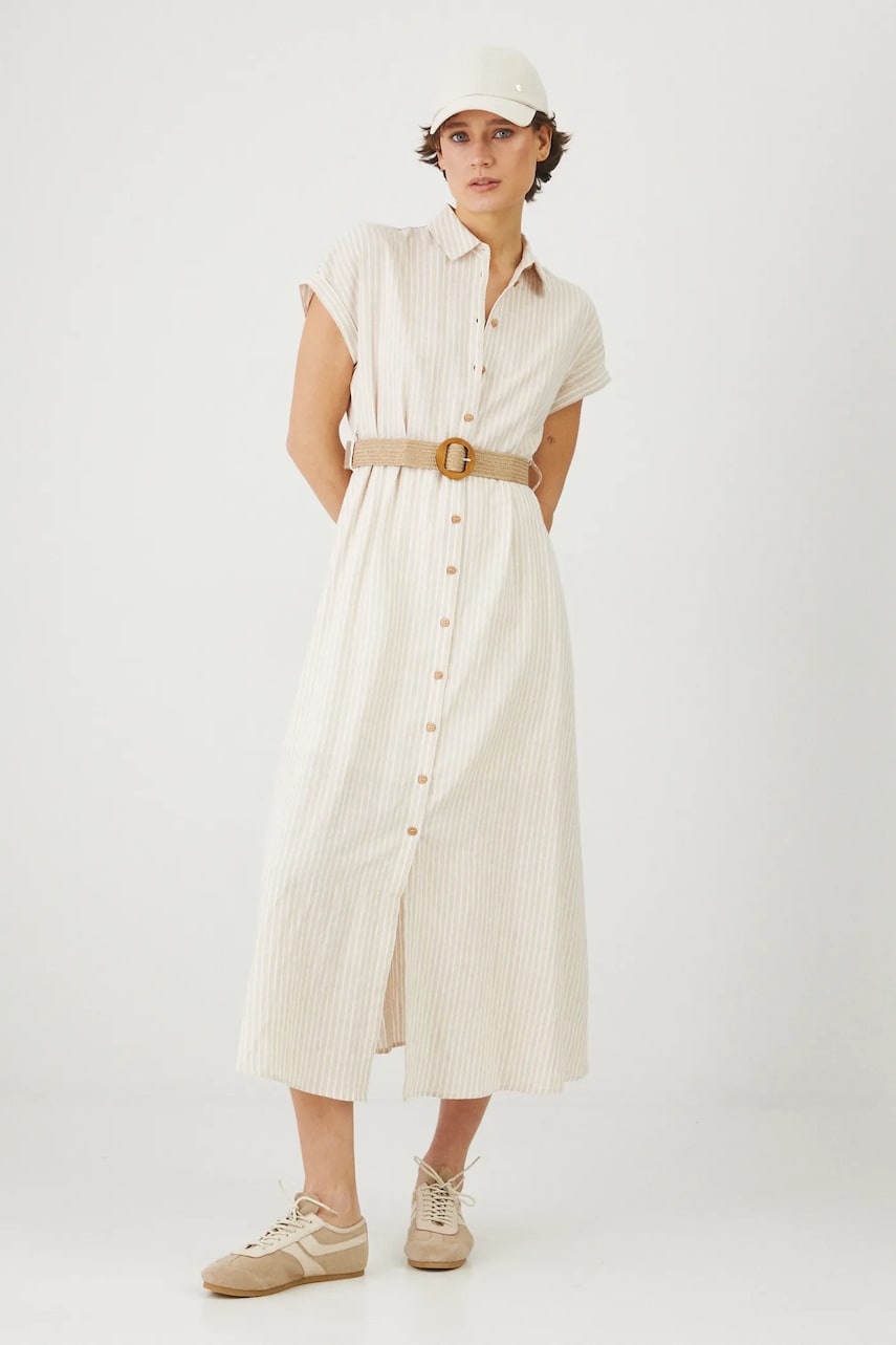 Medicine rochie din in culoarea bej, midi, evazati Medicine rochie din in culoarea bej, midi, evazati