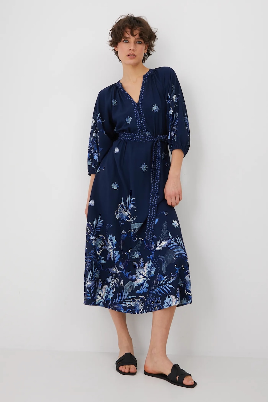 Medicine rochie din amestec de in culoarea bleumarin, maxi, evazată