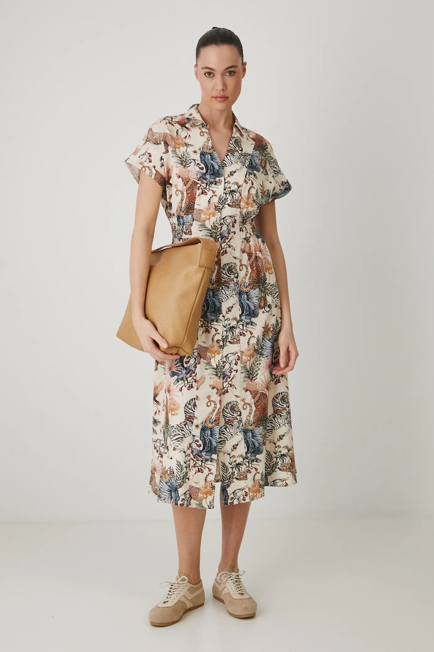 Medicine rochie din amestec de in culoarea bej, midi, evazată