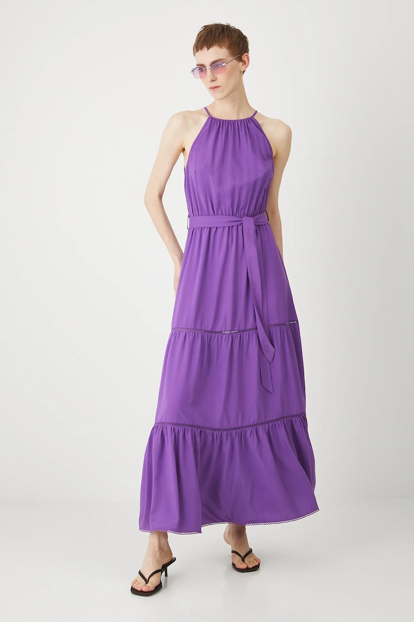 Medicine rochie din amestec de in culoarea violet, maxi, evazată