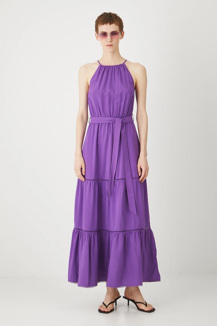 Платье с примесью шелка Medicine цвет фиолетовый maxi расклешённая