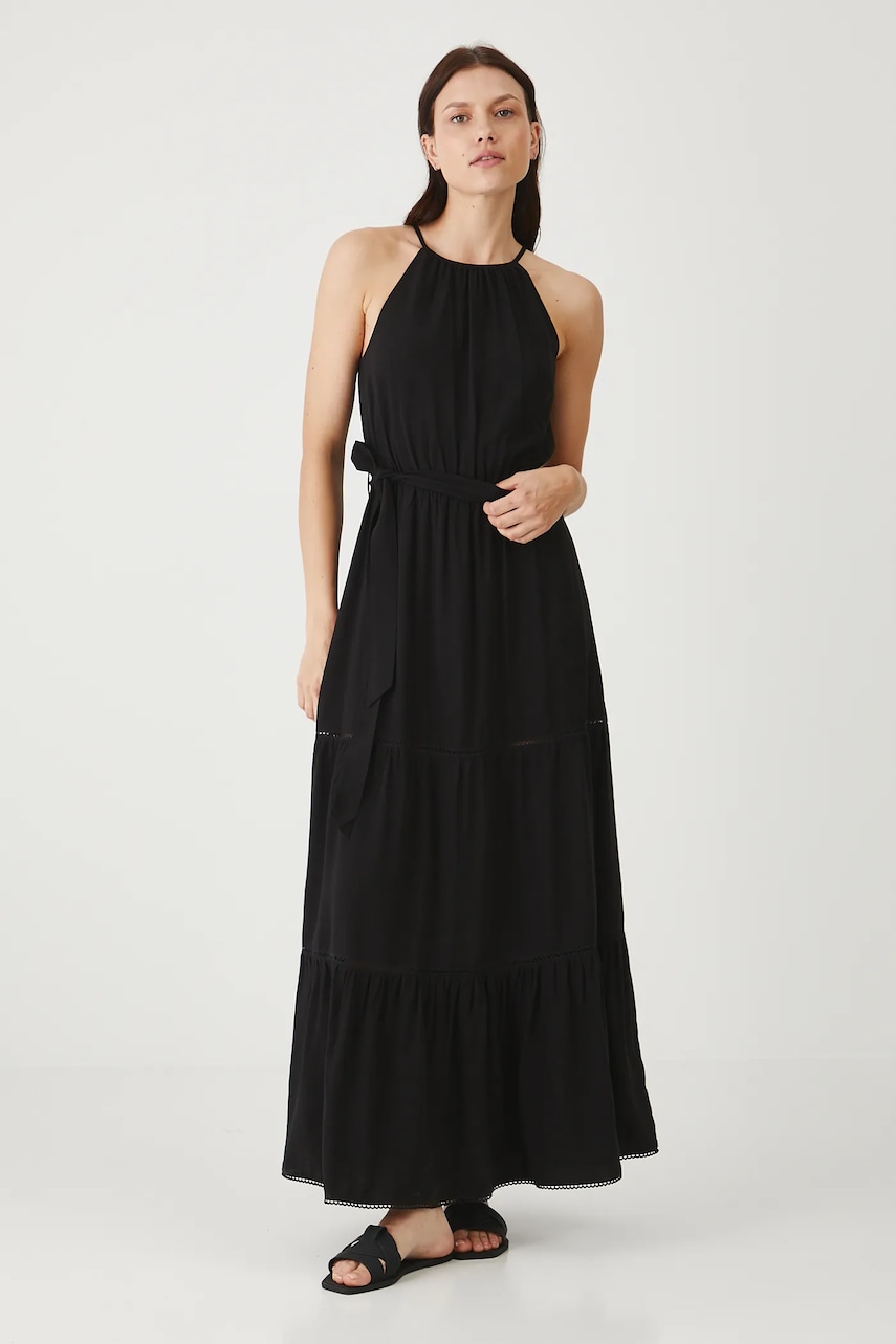 Medicine rochie din amestec de in culoarea negru, maxi, evazată