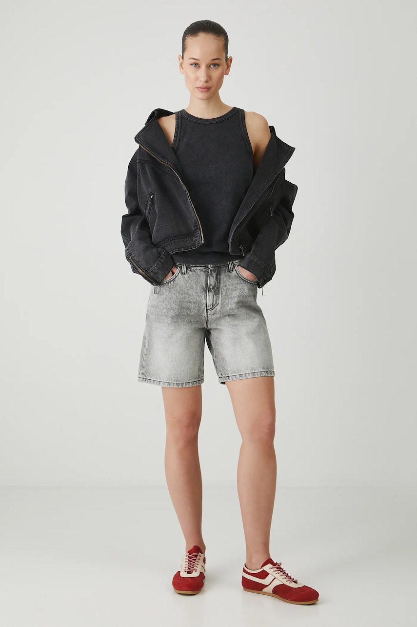 Medicine pantaloni scurti din bumbac femei, culoarea gri, neted, high waist Medicine pantaloni scurti din bumbac femei, culoarea gri, neted, high waist