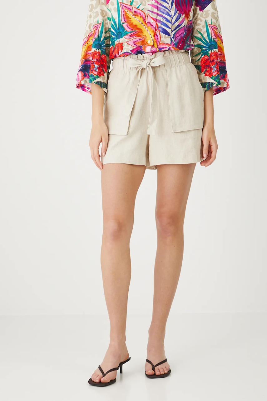 Medicine pantaloni scurti din in culoarea bej, neted, high waist