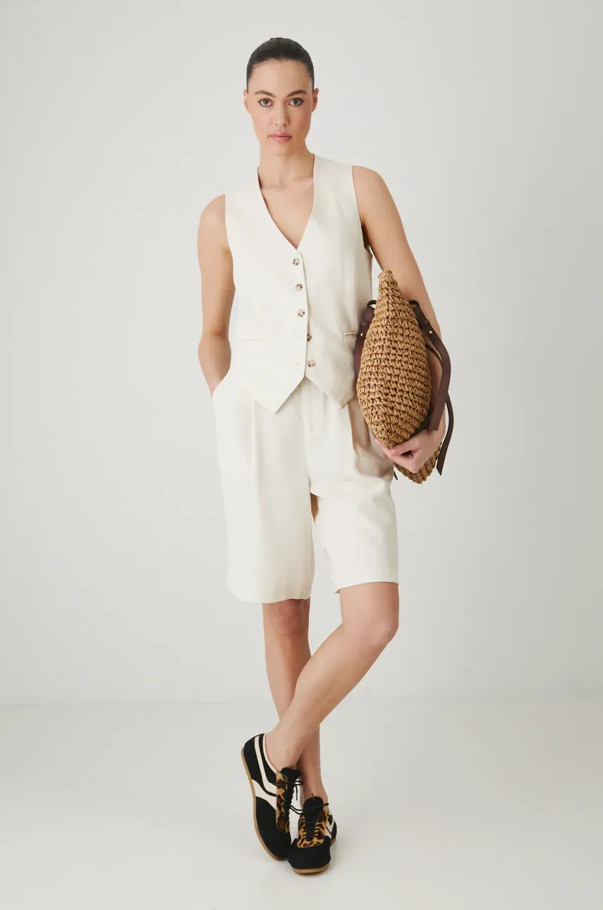 Шорты с примесью льна Medicine женские цвет бежевый однотонные высокая посадка Шорты с примесью льна Medicine женские цвет бежевый однотонные высокая посадка