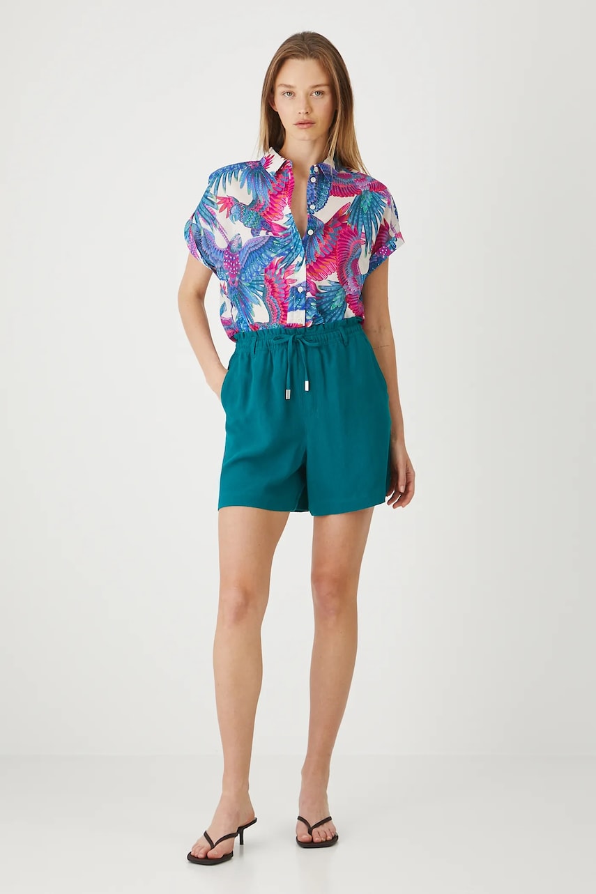 Medicine pantaloni scurți din amestec de in culoarea verde, neted, medium waist