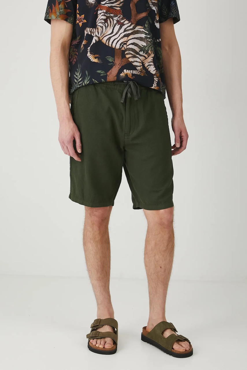 Medicine pantaloni scurți din amestec de in barbati, culoarea verde, melanj Medicine pantaloni scurți din amestec de in barbati, culoarea verde, melanj
