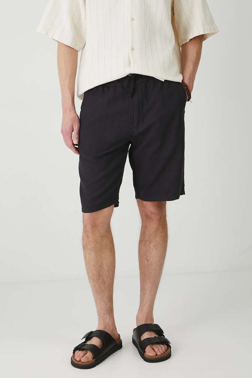 Medicine pantaloni scurți din amestec de in barbati, culoarea negru, melanj Medicine pantaloni scurți din amestec de in barbati, culoarea negru, melanj