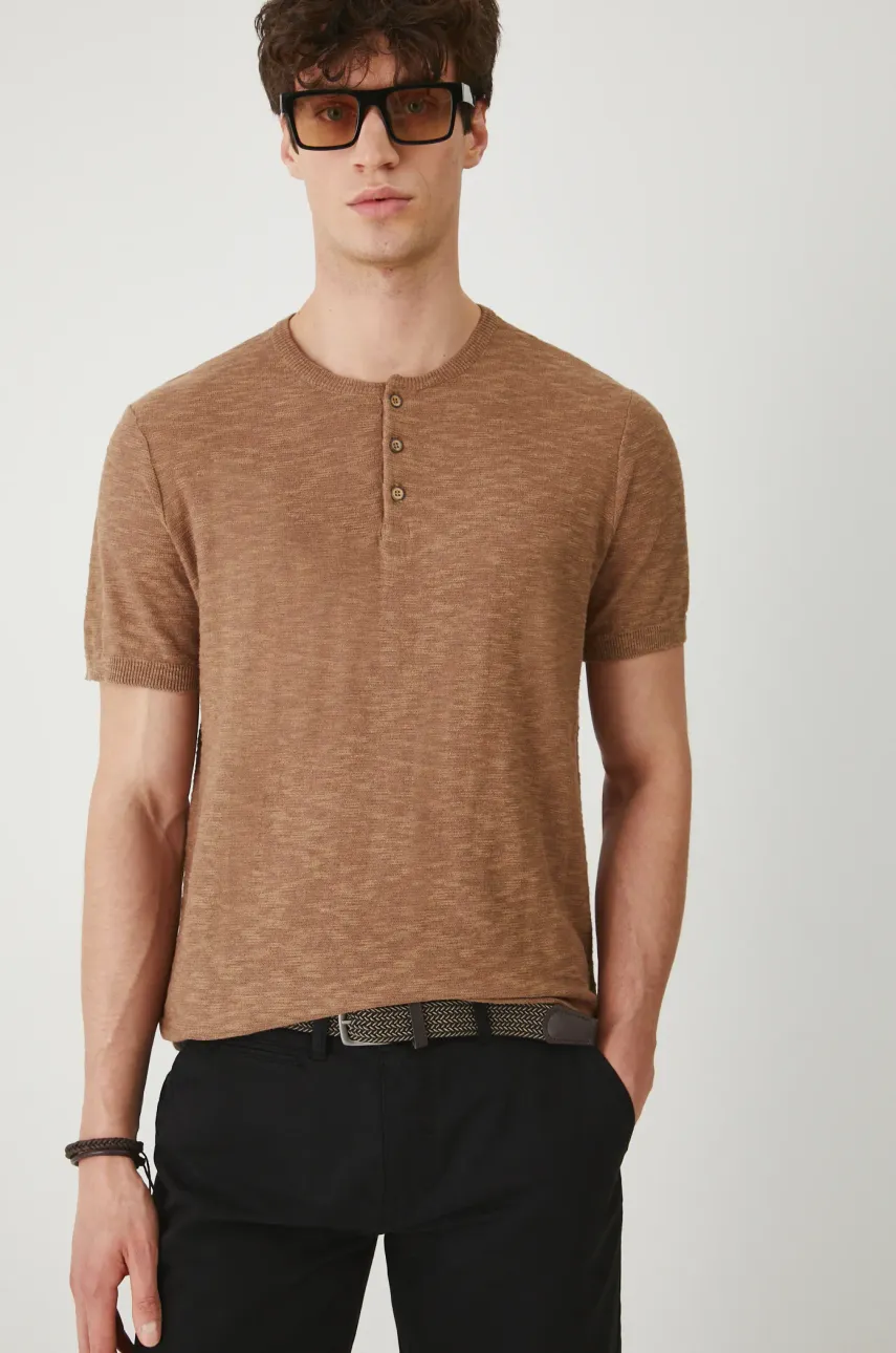 Medicine tricou din amestec de in barbati, culoarea maro, neted