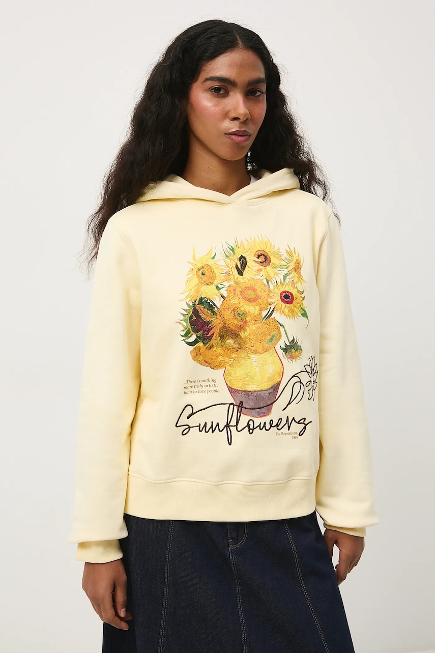Medicine bluza bawełniana damska kolor żółty z kapturem z nadrukiem