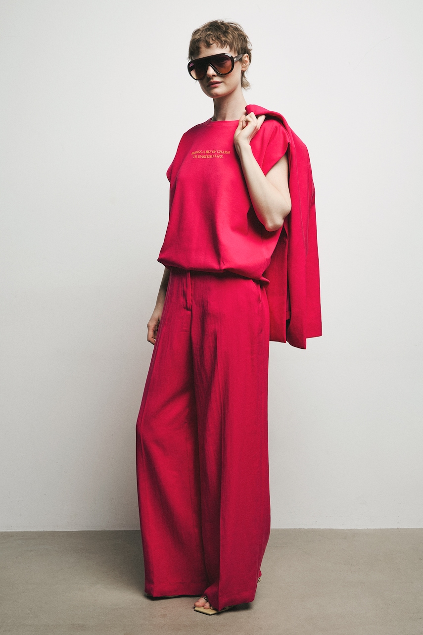 Medicine spodnie wide leg damskie z wiskozą różowe high waist