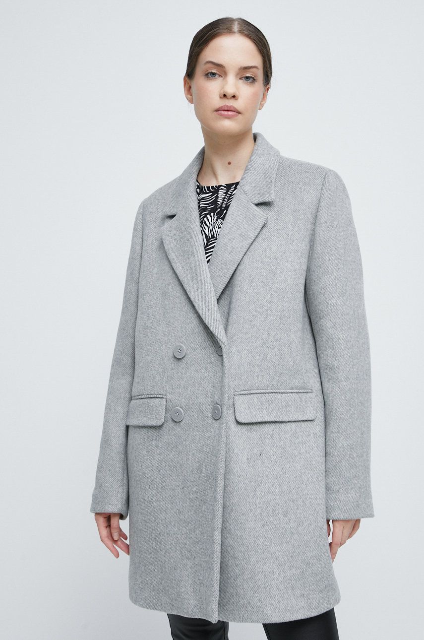 Kabát s příměsí vlny Medicine šedá barva, přechodný, dvouřadový - šedá -  Hlavní materiál: 80% 