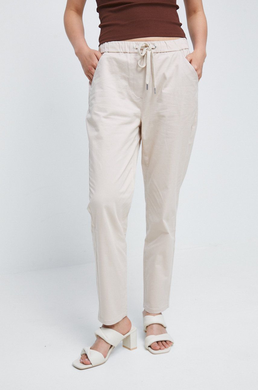 Kalhoty Medicine dámské, béžová barva, jednoduché, high waist - béžová -  95% Bavlna