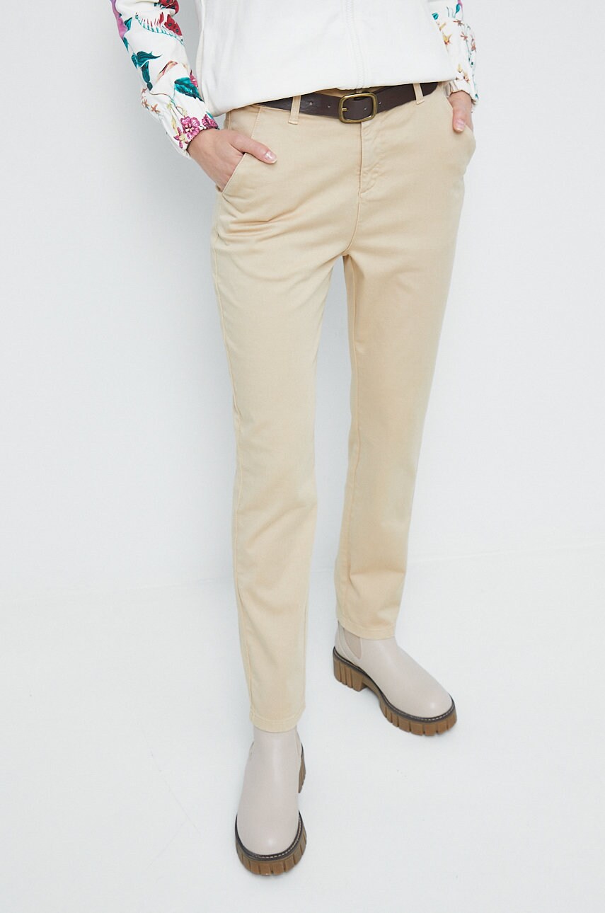 Medicine pantaloni femei, culoarea bej, drept, medium waist