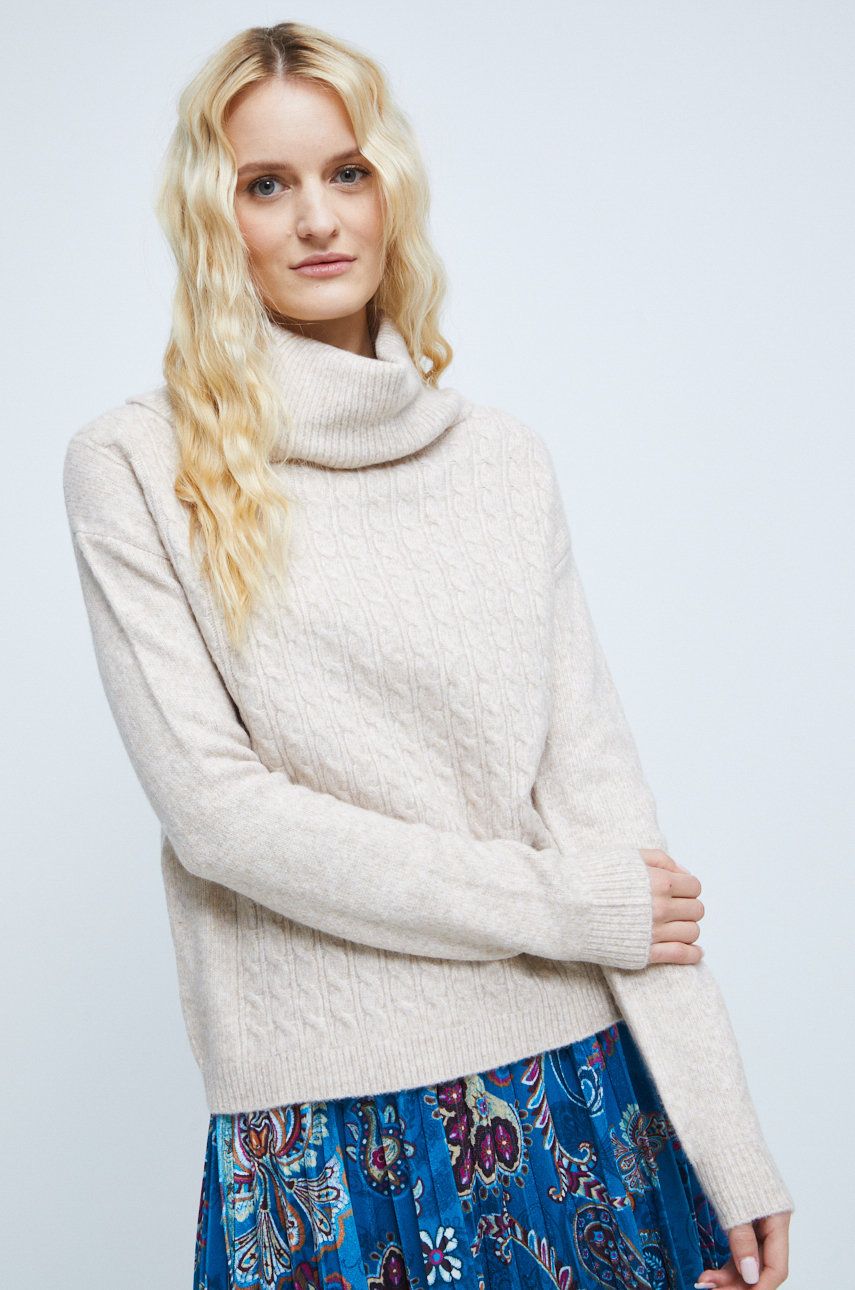 Medicine pulover din amestec de lana femei, culoarea bej, cu guler Amestec imagine megaplaza.ro