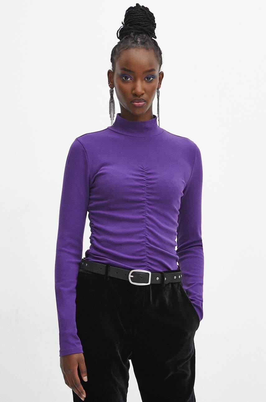 Medicine longsleeve din bumbac femei, culoarea violet, cu turtleneck