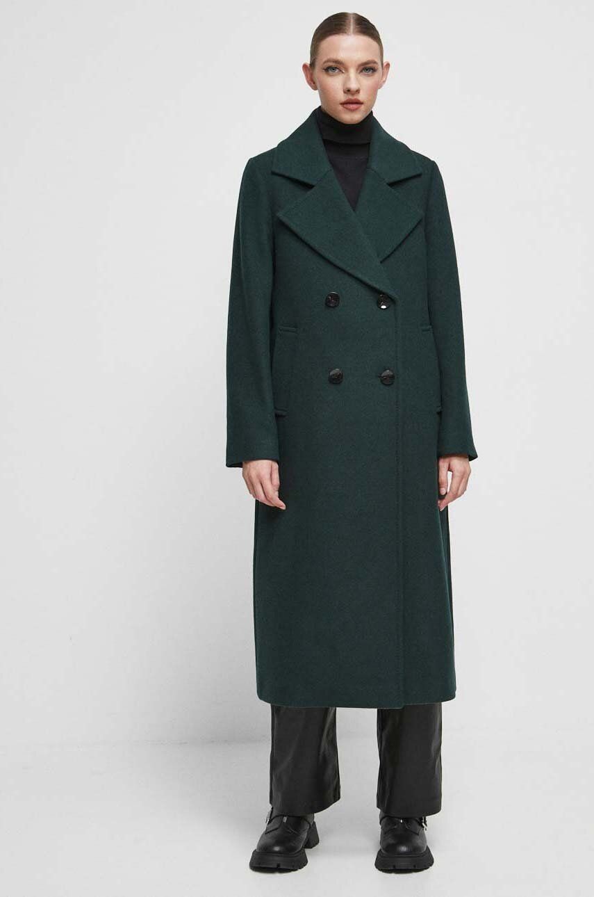 Vlněný kabát Medicine zelená barva, přechodný, dvouřadový