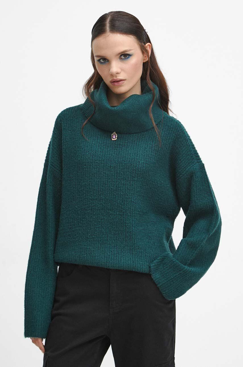 Medicine pulover din amestec de lana femei, culoarea turcoaz, călduros, cu guler