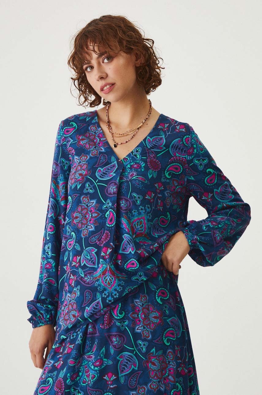 Medicine bluză femei, culoarea bleumarin, cu imprimeu