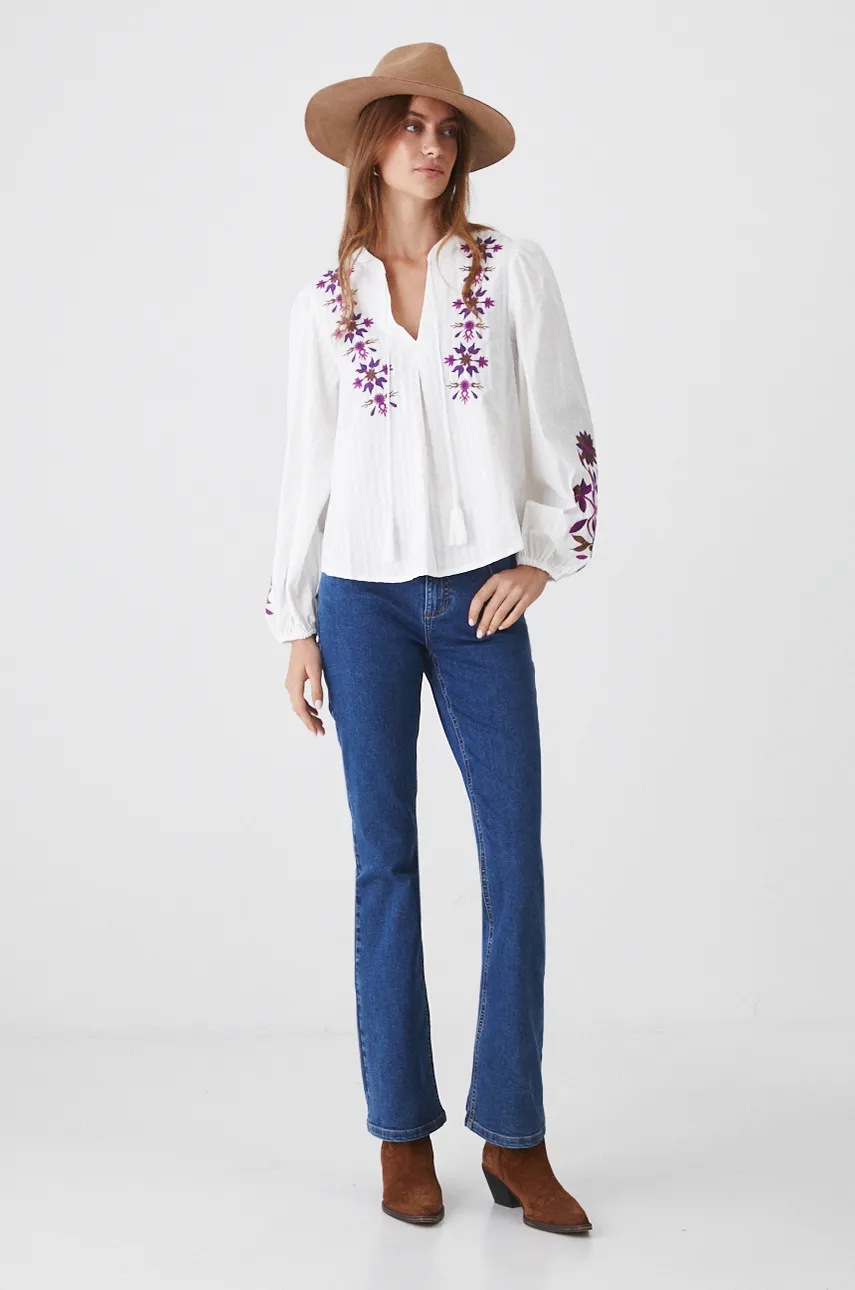 Medicine bluza din bumbac femei, culoarea alb, in modele florale