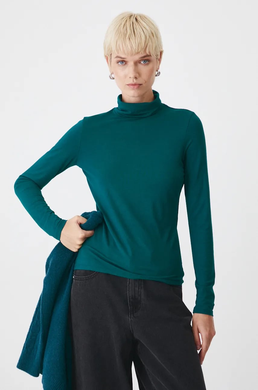 Medicine longsleeve femei, culoarea verde, cu guler